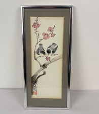 Original Sumi-e Jaanese Ink Artwork Birds Upon Cherry Blossoms Signed 16x7.5"