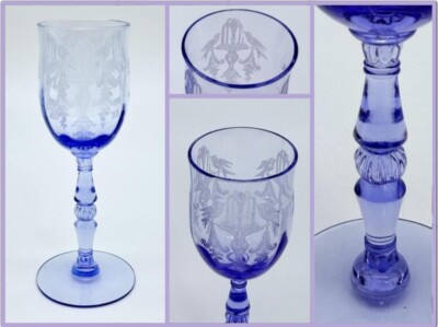 TIFFIN Elegant Depression Etched Glass Bird FONTAINE Twilight Blue 5-3/4'' Wine