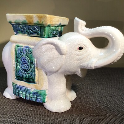 Vintage  White Crackle, Ceramic Prosperity Elephant Plant Stand 7  Tall Trunk Up