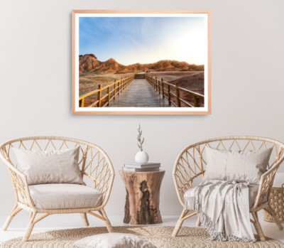Wooden Pier Print, Mountain Wall Art, Cloudy Sky Framed Nature Wall Art, Natural