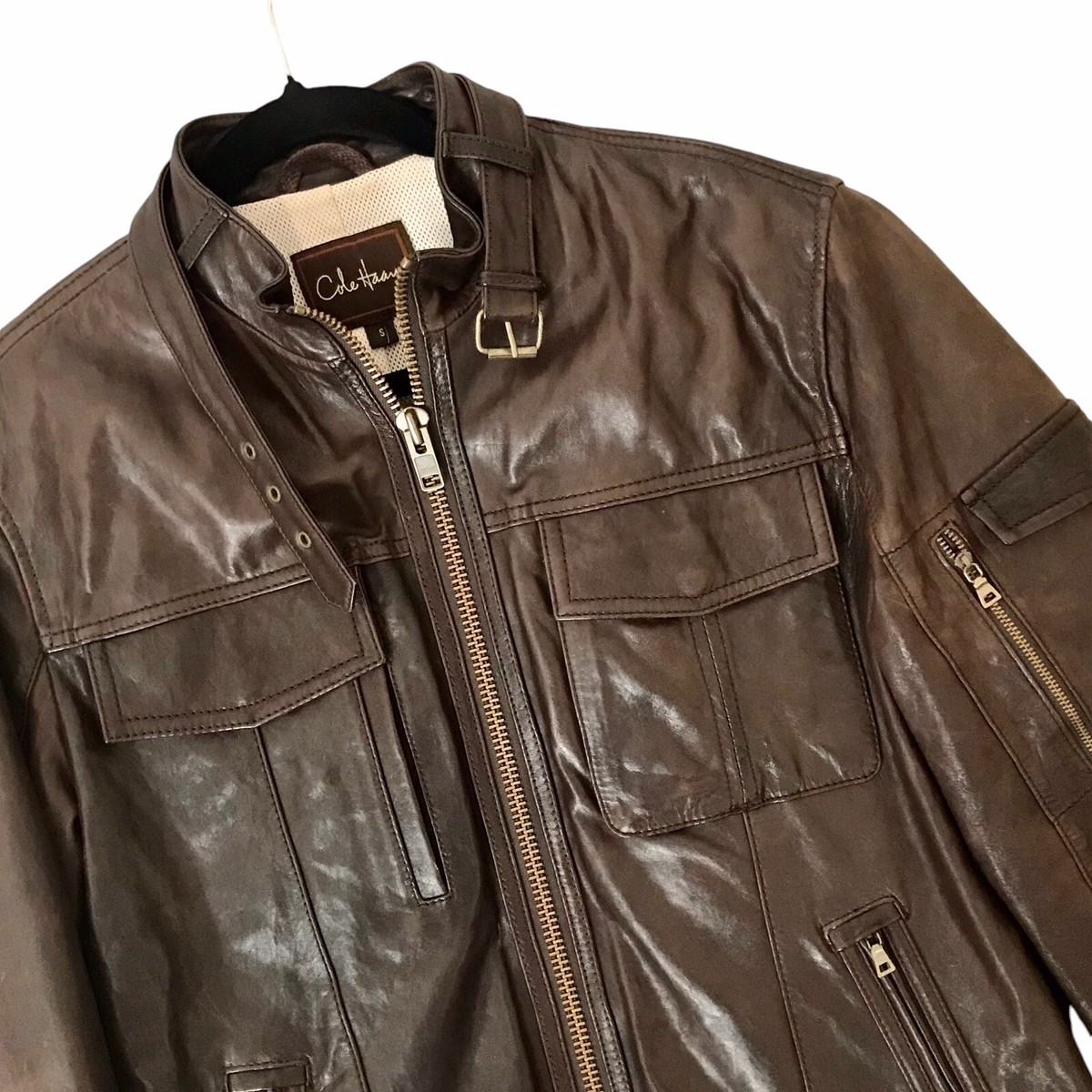 Cole Haan 100% Lambskin Leather Moto Jacket Brown Euro Style Biker Men’s Sz  S