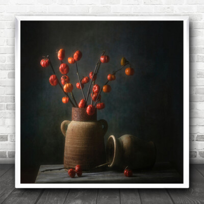 Kürbis Tomatenstab Herbst Gemüse Pflanzen Tomaten Vase rot eckig Kunstdruck