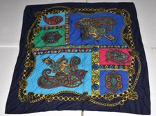 Vintage Women Scraf Made In Italy Paisley Print Gold Chain Royal Blue 30"x30"