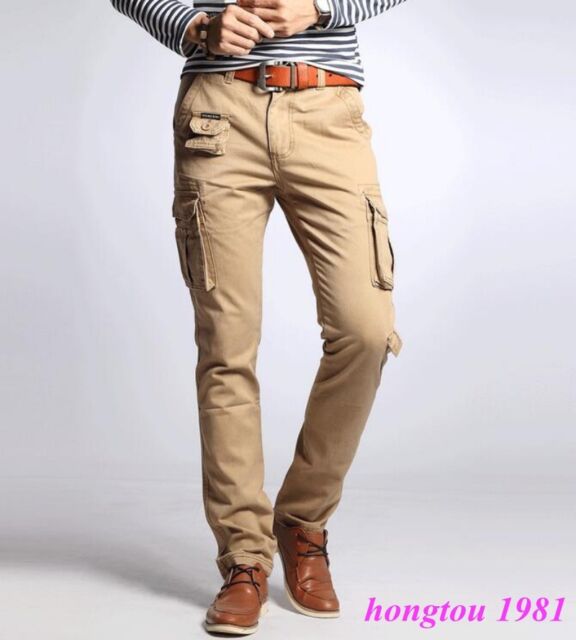 Mens Packet Worker Pants Cotton Slim Fit Skinny Military Casual Cargo ...