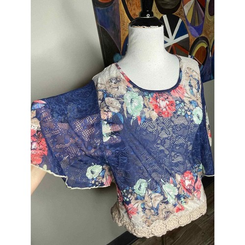 Lace Top Blue Floral Sheer Shirt Kimono Sz Med C Oliver Womens