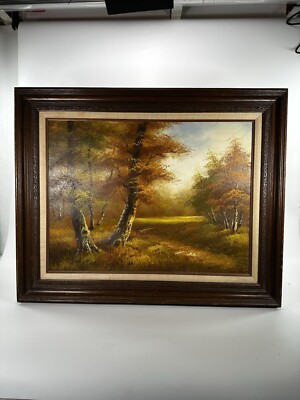 I? Fred Framed Oil On Canvas Painting Birch Tree Forest In Fall Signed