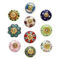 Keramik Knopf 10er Set - Vintage bunte handgefertigte runde Blumenkn&ouml;pfe us