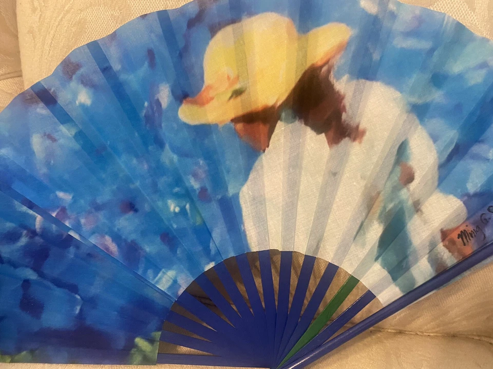 Filipinas Abanico de Mano Grande Tela Mujer con Sombrero Azul Ming G Syyop en Caja 13" Foto 4 de 4