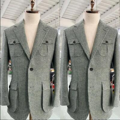 Hahnentritt Herren Safari Jacke Grün Blazer British Style Jagd Mantel Business