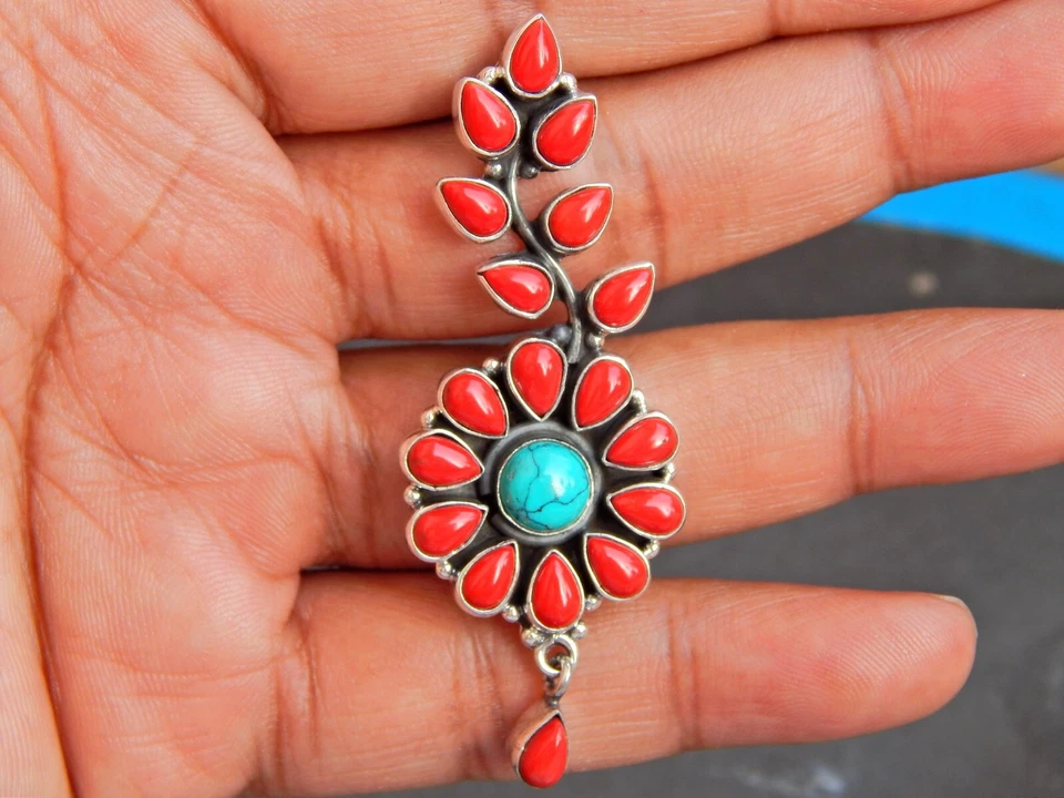 Coral Turquoise Flower Earring in 925 Sterling Silver Wedding Earring gift for - Image 2 of 4
