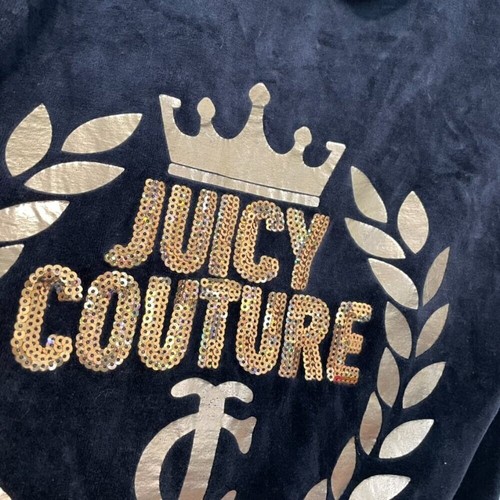 JUICY COUTURE Embellished Velour Hoodie Jacket Navy Blue Sequin Logo Y2K Medium - Picture 11 of 13