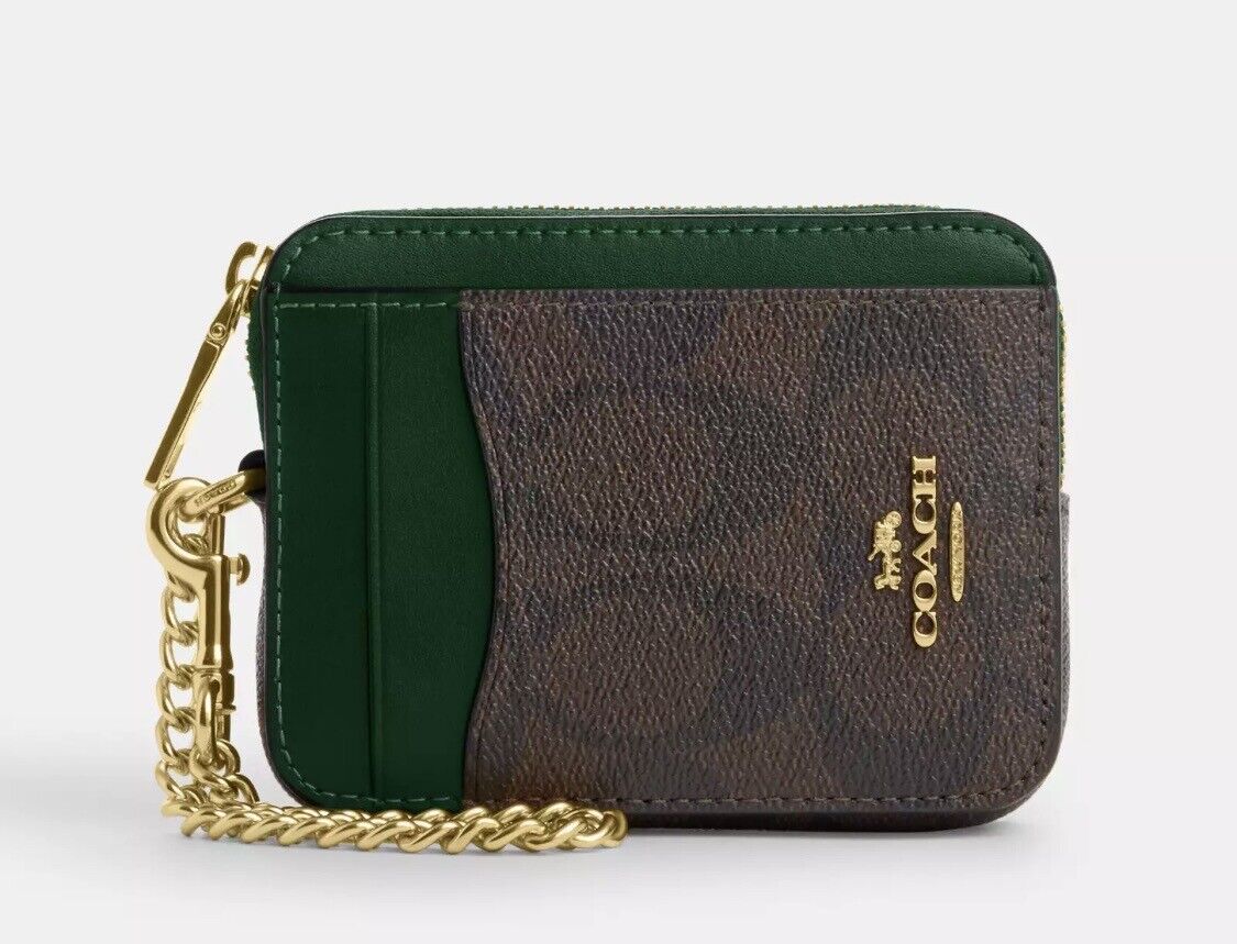 Coach Zip Card Case - Brown/ Signature Canvas - Pine (Green Coach Zip Card Case - Brown/ Signature Canvas - Pine (Green