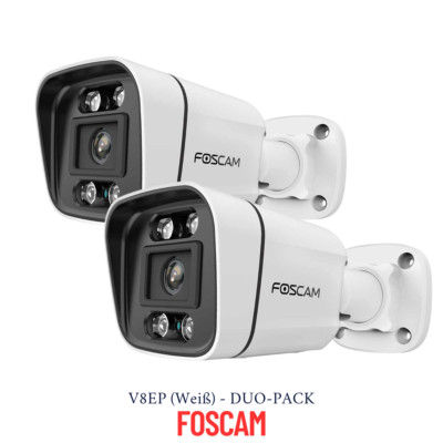 2 x Foscam V8EP weiss 8 MP POE-Überwachungskamera mit Scheinwerfer und Sirene