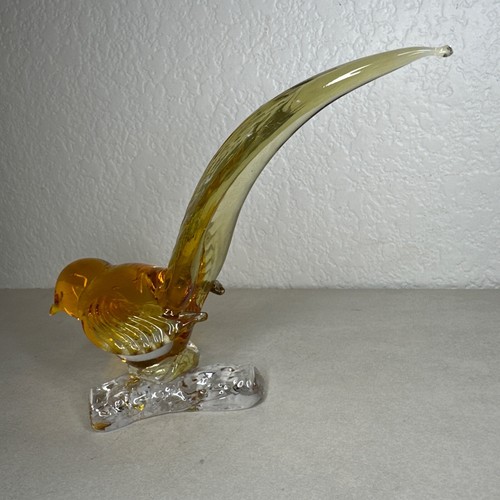 Vintage Murano Art Glass Bird Perched On Branch Yellow Gold Clear Bird Sculpture - Picture 2 of 24