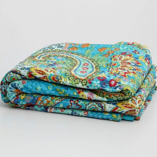 Indian Kantha Twin Quilt Turquoise Paisley Reversible Bedspread Blanket Throw - Picture 2 of 4