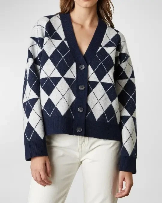 Cárdigan Suéter Terciopelo Graham & Spencer Argyle Azul Marino Abuelo Corto S RM10202 NUEVO CON ETIQUETAS Foto 2 de 4