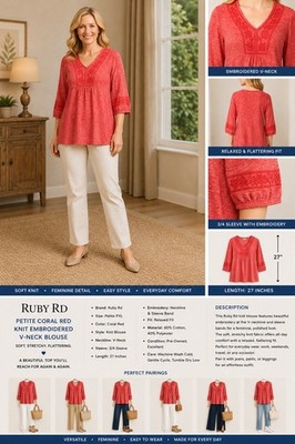Ruby Rd Petite Coral Red Knit Embroidered V-Neck 3/4 Sleeve Blouse PXL