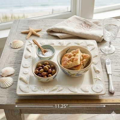 home Coastal Square Dinner Plate 11 1/4'' Cream Sea Shells Starfish Stoneware