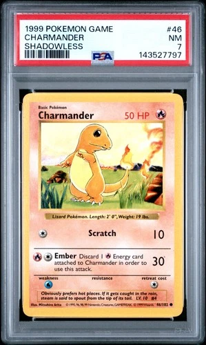 1999 POKEMON BASE SET SHADOWLESS #46 CHARMANDER PSA 7