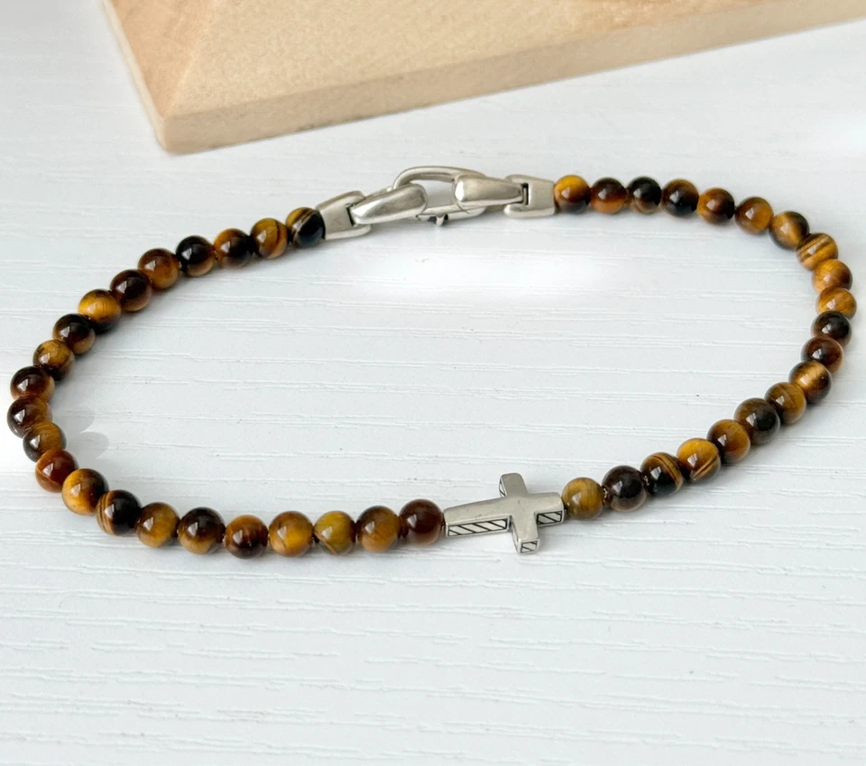 Brazalete de cuentas espirituales ojo de tigre de 4 mm de plata de ley David Yurman para hombre Foto 3 de 3