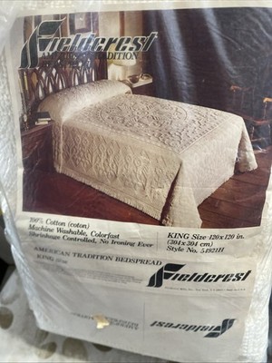 FIELDCREST CHARISMA WHITE FRINGE KING VTG HTF120x120in Bedspread 100% COTTON NOS