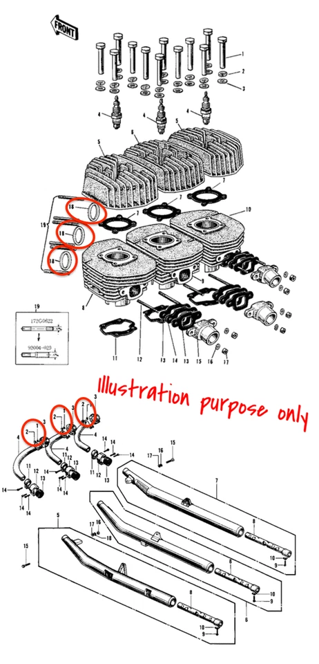 Ремонтный комплект прокладок выпускного коллектора Kawasaki H1 Mach III 1969-1973 (полный комплект) - Изображение 2 из 2