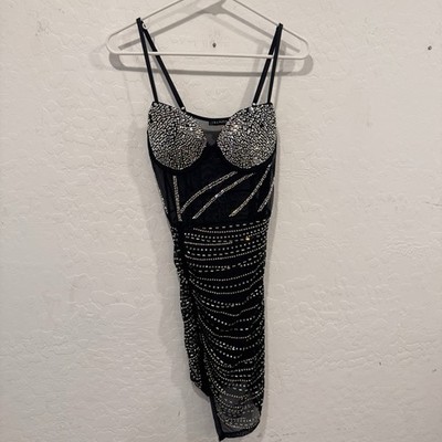 Banjul Mesh Mini Beaded Dress Womens Small Black Silver Sheer Rave Party Club 