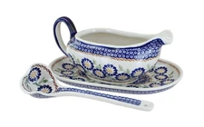Blue Rose Polish Pottery Peach Blossom Gravy Boat & Ladle