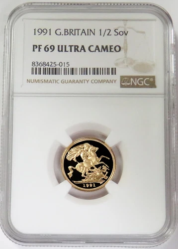 1991 GOLD  GREAT BRITAIN PROOF 1/2 SOVEREIGN NGC PF 69 ULTRA CAMEO