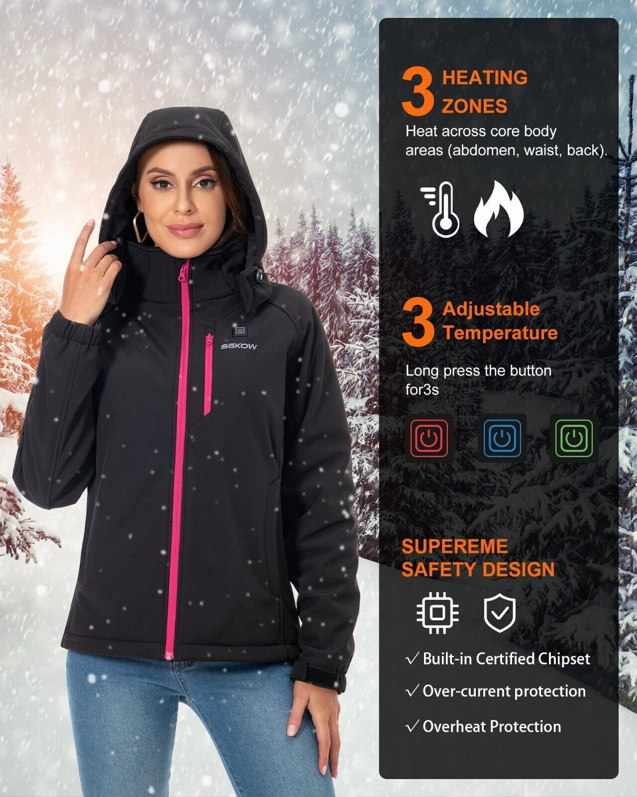 SGKOW Women's Heated Jacket Battery Heating Outdoor Detachable Hood