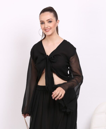 Top corto informal de verano con nudo de corbata liso manga campana para mujer lote surtido 03 piezas - Imagen 3 de 10