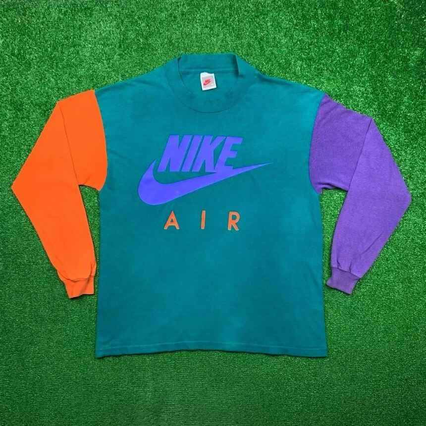 Nike Color Block Vintage T Shirt 90s USA Rare Orange Blue LS 80s