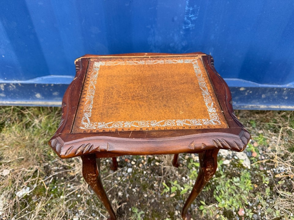 Vintage Mahogany Coffee Side Table Brown leather Top Queen Anne Legs eBay