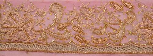 Sanskriti Vintage Saree Border Hand Beaded Paisley Craft 1Yd Trims Lace 3"W Pink - Picture 2 of 6