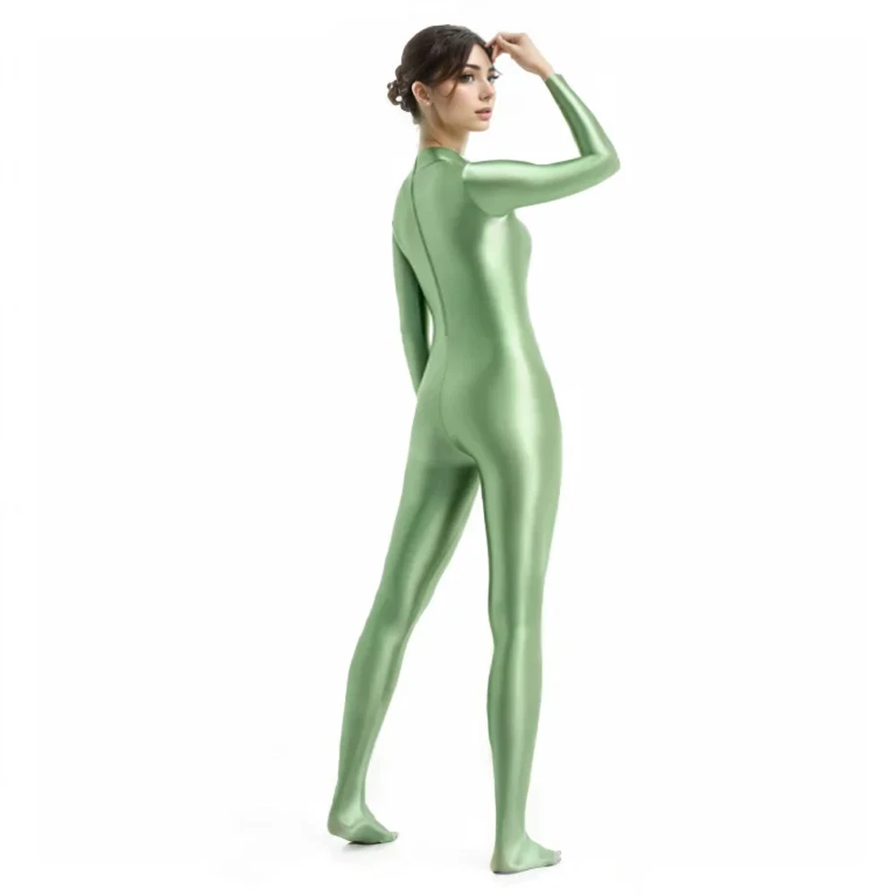 MJINM Women's Stretch Gloss Silky Jumpsuits Sport Bodysuit Short zipper Overall - Picture 2 of 30