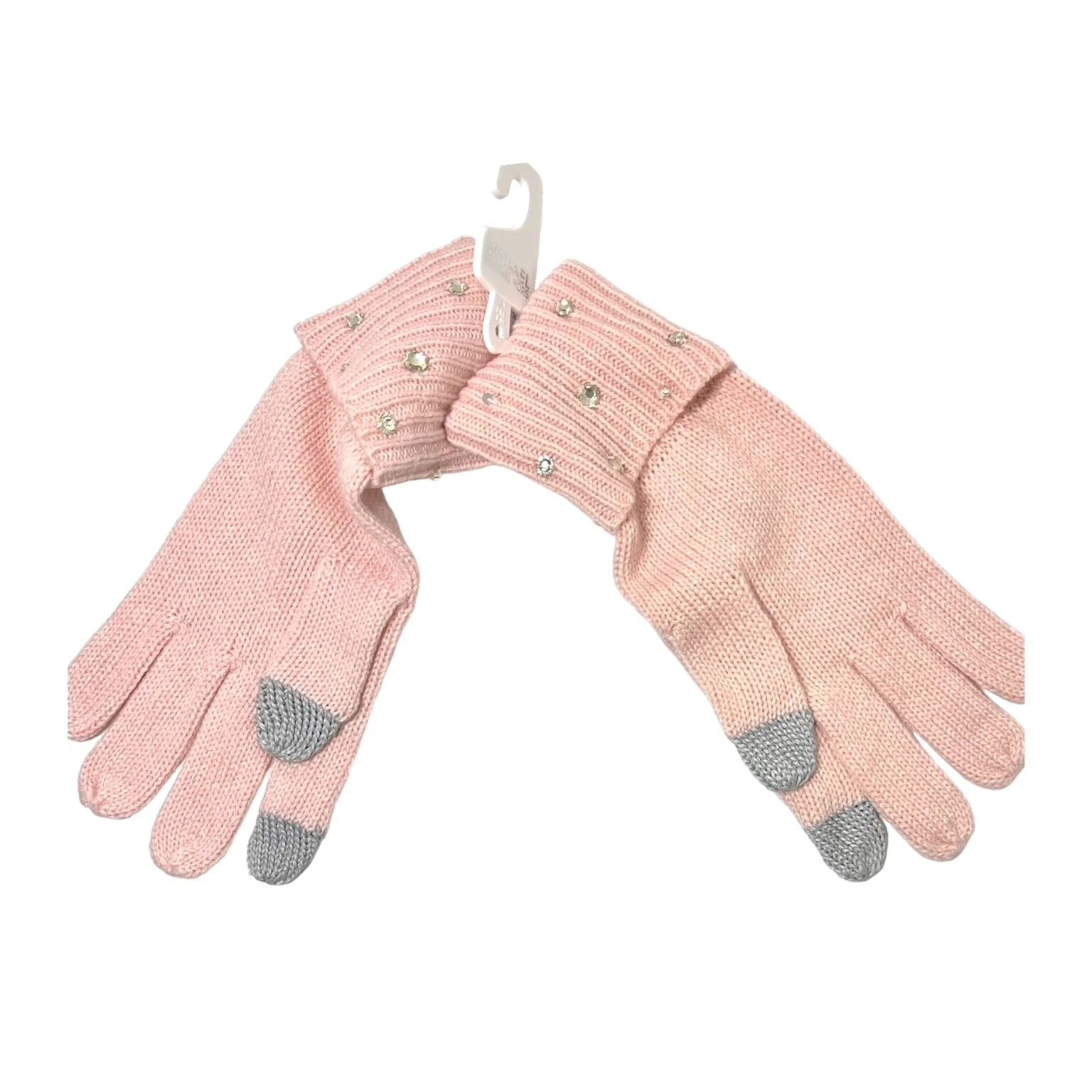 Michael Kors Womens Pink Rhinestone Ribbed Cuffed Knit Touch Tip Gloves New