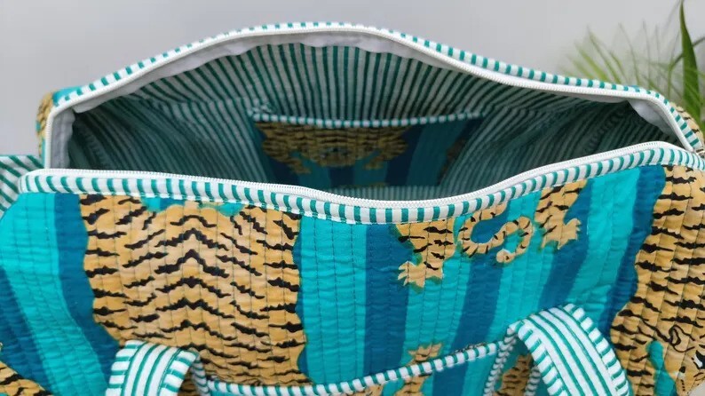 Indian Turquoise Tiger Cotton Quilted Duffle Bag Women's Bags Travels Bag US