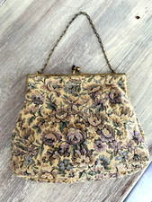 Antique Tapestry Floral Purse Handbag with Red Bead Closure Mirror/Change Purse