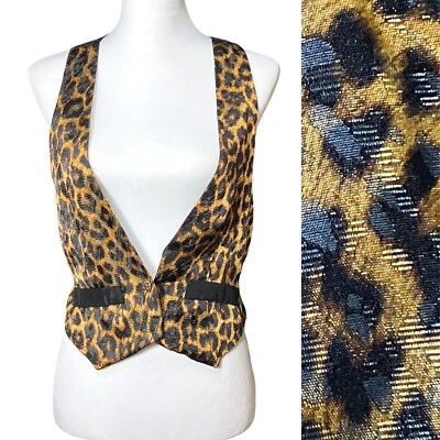 Vintage 80s Leopard Cheetah Cropped Satin Vest Brass Buttons