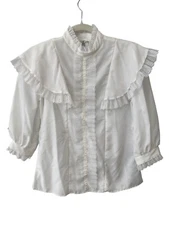 Vintage 70s Lace Trim 3/4 Sleeve Blouse Size Small White Prairie Victorian Retro