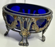 Antique Open Salt Cellar Blue Glass  by V FORTRAIT Silver Filigree