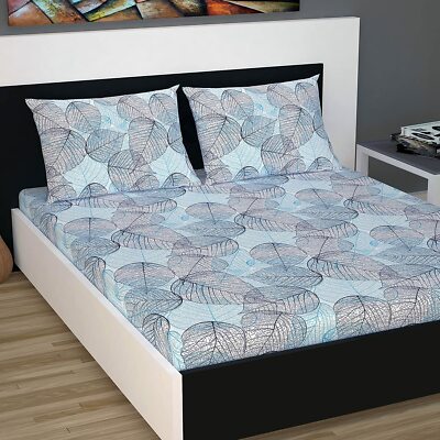 Cotton 180 TC Floral Double Bedsheet Cotton with 2 Pillow Covers - Light Blue