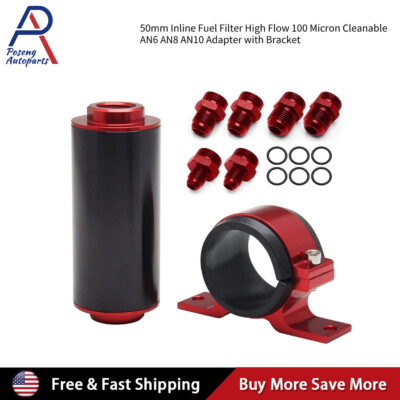 50mm Inline Fuel Filter High Flow 100 Micron Cleanable AN6 AN8 AN10 with Bracket