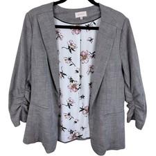 Skies Are Blue Grey Plaid Ruched 3/4 Sleeve Floral Lined Open Front Blazer M