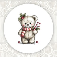Cute Fluffy Christmas Teddy Bear Stickers Round Matte Labels Seals Favors
