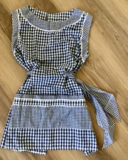 Handmade Sewn Retro Navy White Check Full Apron Pockets Rickrack One Size
