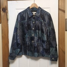 Coldwater Creek Blazer Jacket Sz XL Satin Patchwork Blue Boho Chic Eccentric Art