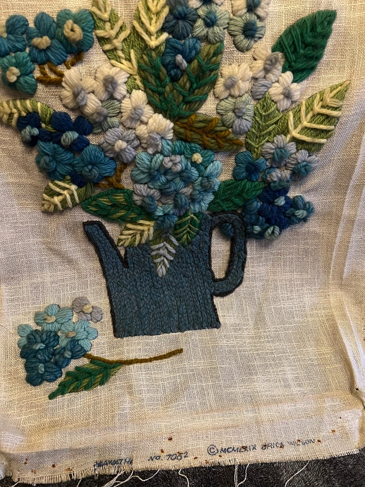 Vintage Finished Crewel Embroidery Water Can Planter Flowers Leaves Blue - Image 2 of 4