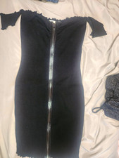 Hot & Delicious Black Ribbed Bodycon Mini Dress Off The Shoulder Zip Front
