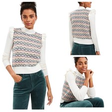 LOFT Geo Jacquard Ruffle Mock Neck Sweater size XS NWT